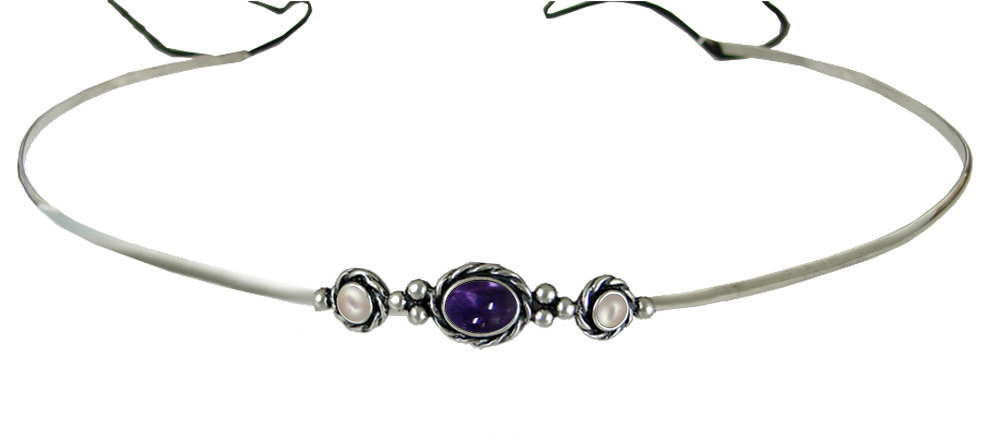 Sterling Silver Renaissance Style Headpiece Circlet Tiara With Iolite And Cultured Freshwater Pearl